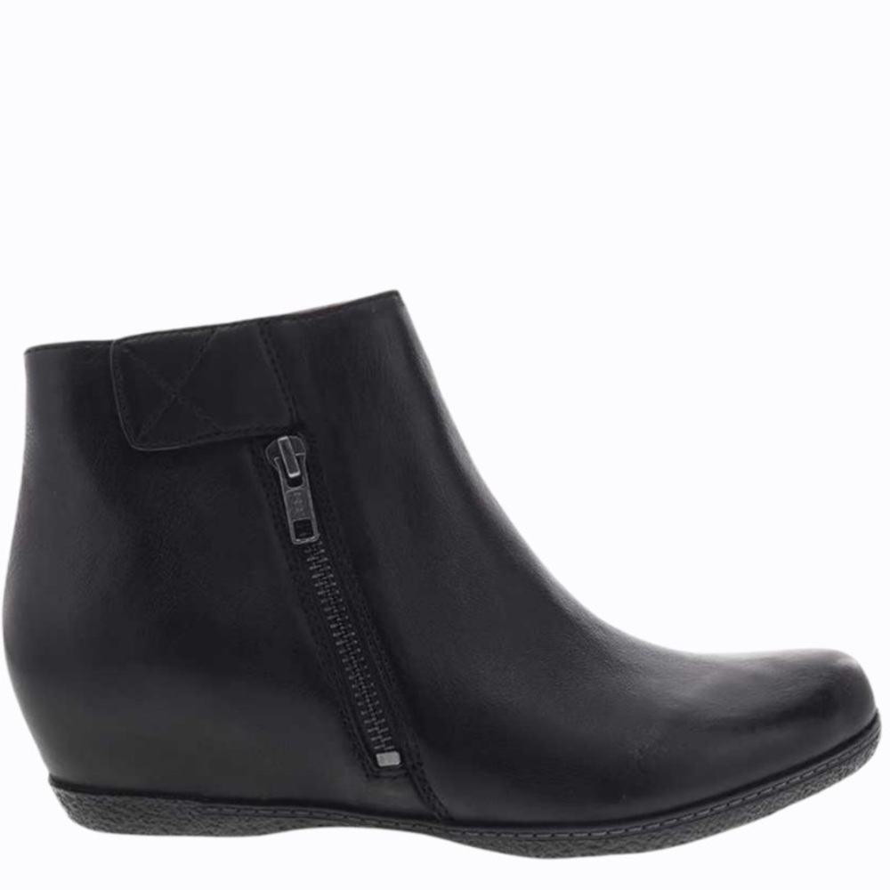 Dansko Leanna hidden low wedge side zip black leather ankle boots 42